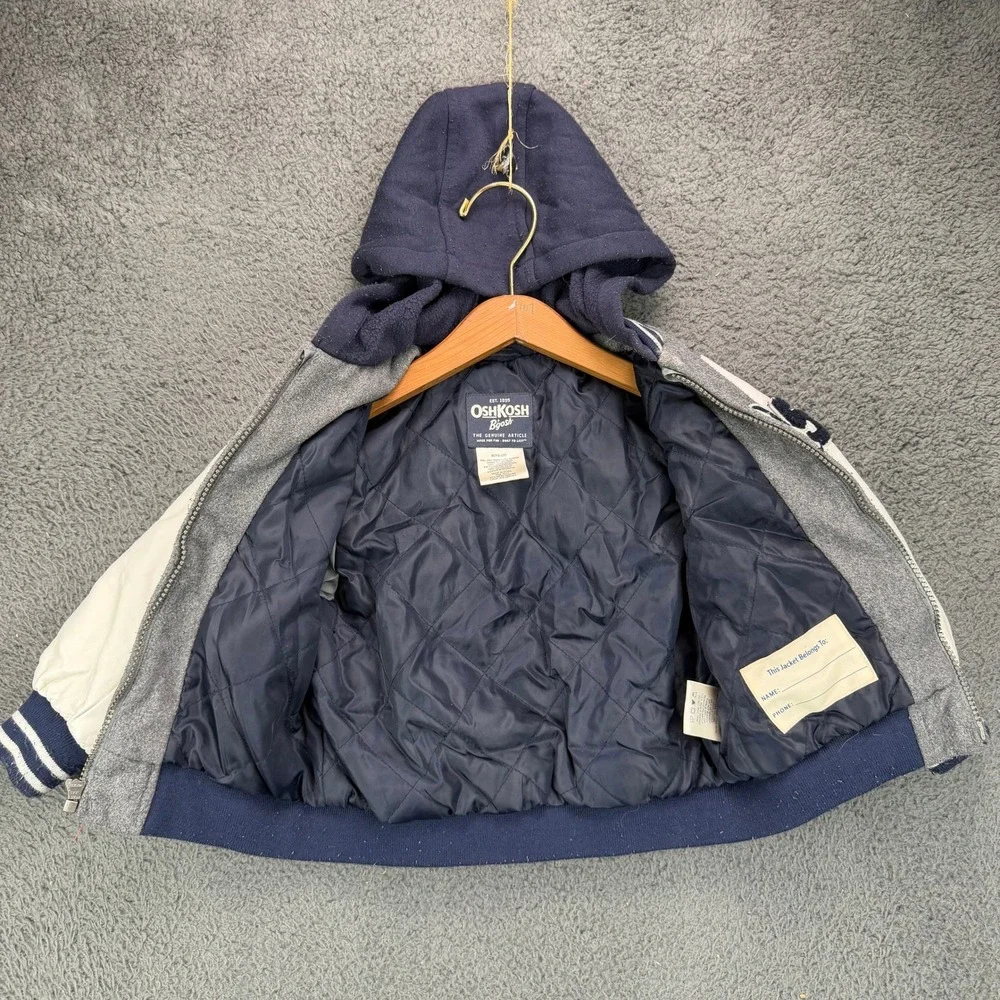 OshKosh Boys 3T Gray Navy Blue Varsity Letterman Jacket Hooded B218JS1-SA